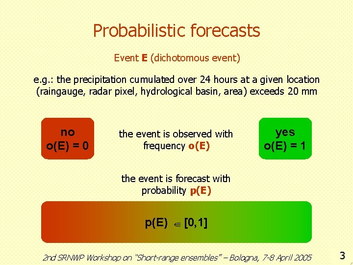 Probabilistic forecasts Event E (dichotomous event) e. g. : the precipitation cumulated over 24
