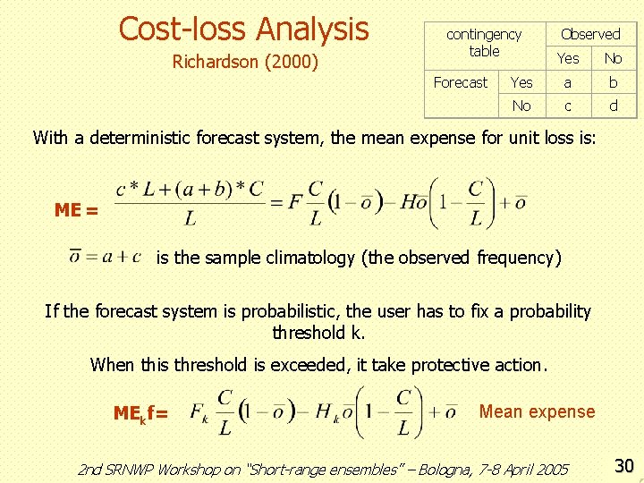 Cost-loss Analysis Richardson (2000) contingency table Forecast Observed Yes No Yes a b No