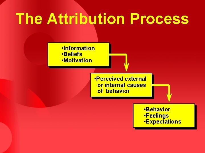 The Attribution Process • Information • Beliefs • Motivation • Perceived external or internal