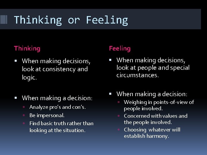 Thinking or Feeling Thinking Feeling When making decisions, look at consistency and logic. When