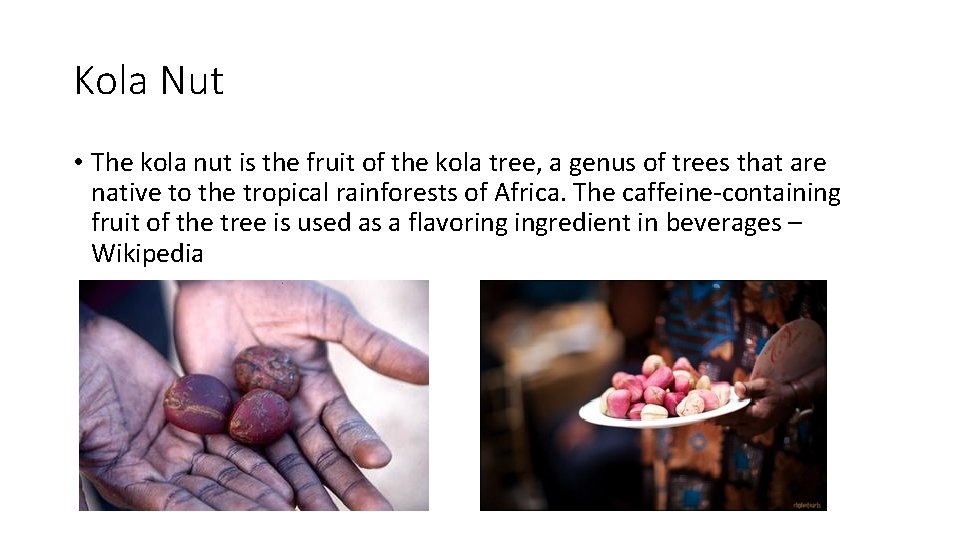 Kola Nut • The kola nut is the fruit of the kola tree, a