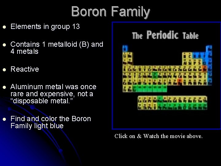 Boron Family l Elements in group 13 l Contains 1 metalloid (B) and 4