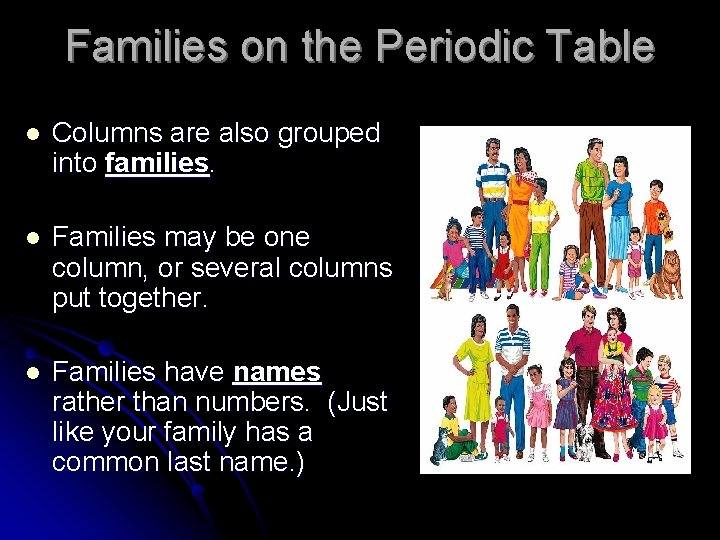 Families on the Periodic Table l Columns are also grouped into families. l Families