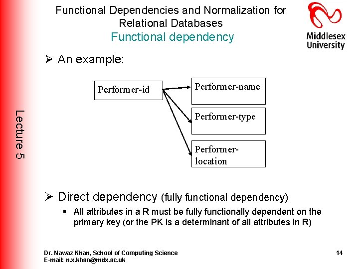 Functional Dependencies and Normalization for Relational Databases Functional dependency Ø An example: Performer-id Performer-name Functional Dependencies and Normalization for Relational Databases Functional dependency Ø An example: Performer-id Performer-name