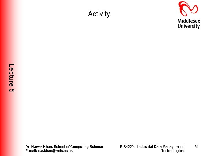 Activity Lecture 5 Dr. Nawaz Khan, School of Computing Science E-mail: n. x. khan@mdx. Activity Lecture 5 Dr. Nawaz Khan, School of Computing Science E-mail: n. x. khan@mdx.