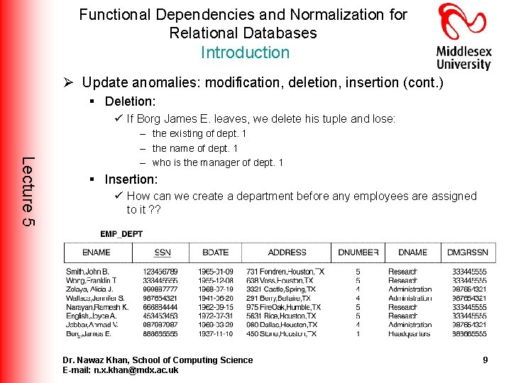 Functional Dependencies and Normalization for Relational Databases Introduction Ø Update anomalies: modification, deletion, insertion Functional Dependencies and Normalization for Relational Databases Introduction Ø Update anomalies: modification, deletion, insertion