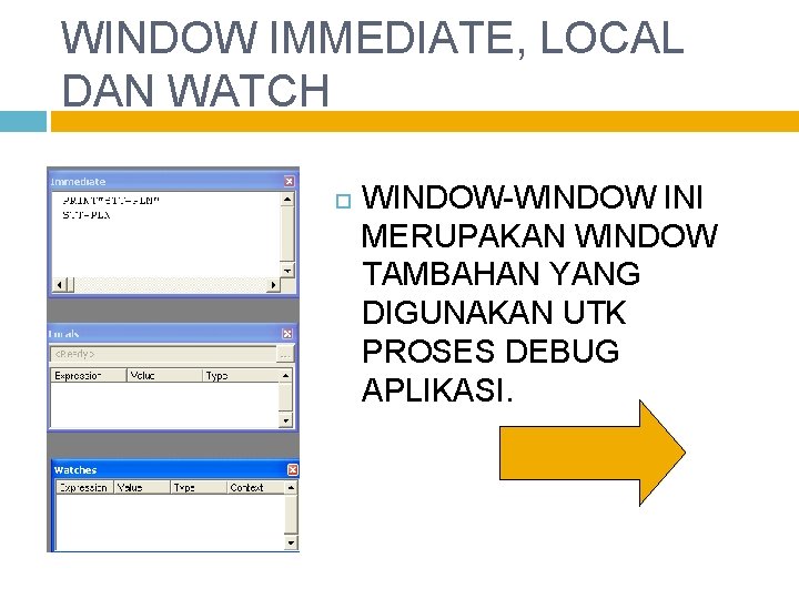 WINDOW IMMEDIATE, LOCAL DAN WATCH WINDOW-WINDOW INI MERUPAKAN WINDOW TAMBAHAN YANG DIGUNAKAN UTK PROSES