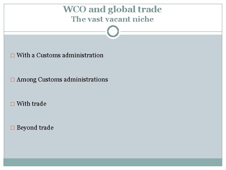 WCO and global trade The vast vacant niche � With a Customs administration �