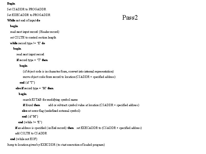 Begin Set CSADDR to PROGADDR Set EXECADDR to PROGADDR While not end of input Begin Set CSADDR to PROGADDR Set EXECADDR to PROGADDR While not end of input