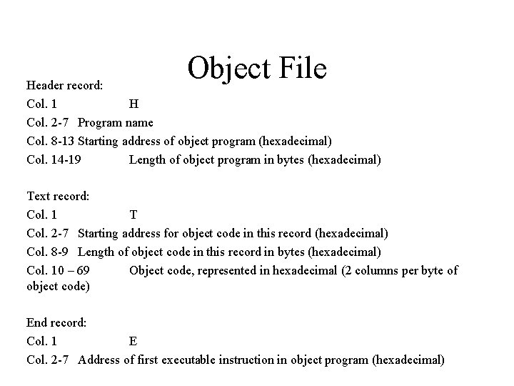 Object File Header record: Col. 1 H Col. 2 -7 Program name Col. 8 Object File Header record: Col. 1 H Col. 2 -7 Program name Col. 8