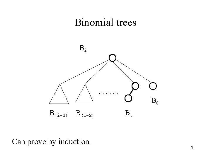 Binomial trees Bi . . . B 0 B(i-1) B(i-2) Can prove by induction