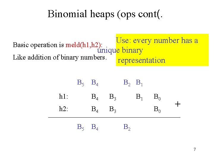Binomial heaps (ops cont(. Use: every number has a unique binary Like addition of