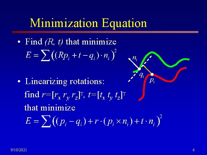 Minimization Equation • Find (R, t) that minimize ni • Linearizing rotations: find r=[rx