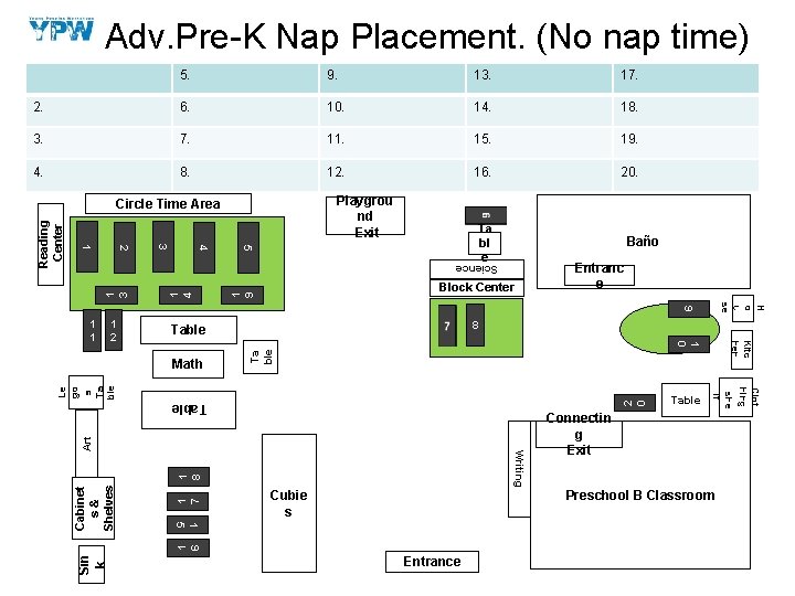 Adv. Pre-K Nap Placement. (No nap time) 5. 9. 13. 17. 2. 6. 10.