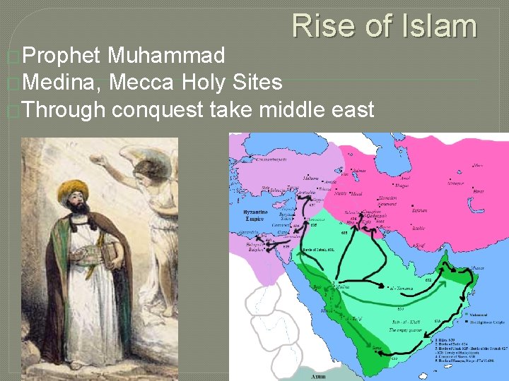 �Prophet Rise of Islam Muhammad �Medina, Mecca Holy Sites �Through conquest take middle east