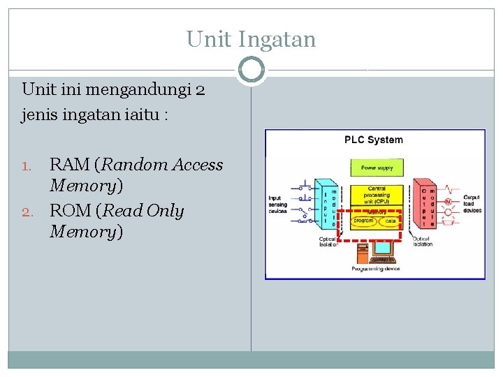 Unit Ingatan Unit ini mengandungi 2 jenis ingatan iaitu : RAM (Random Access Memory)