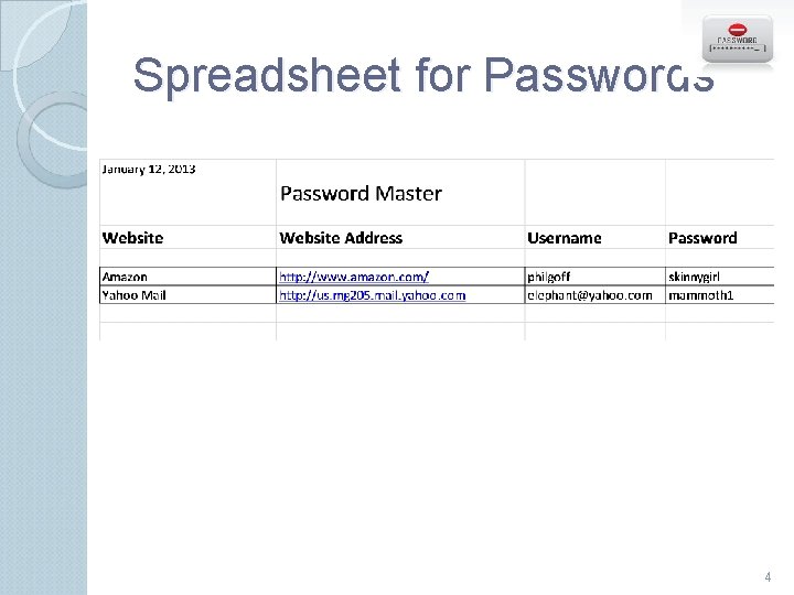Spreadsheet for Passwords 4 