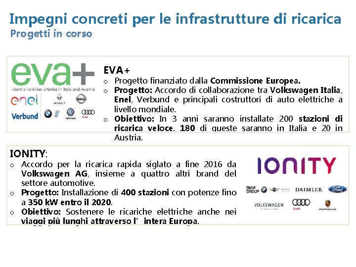 Impegni concreti per le infrastrutture di rica Progetti in corso EVA+ o Progetto finanziato