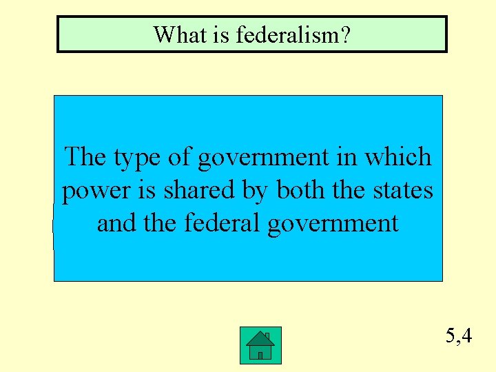 What is federalism? The type of government in which power is shared by both