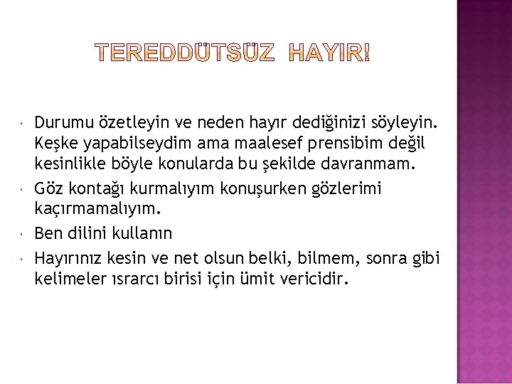  Durumu özetleyin ve neden hayır dediğinizi söyleyin. Keşke yapabilseydim ama maalesef prensibim değil