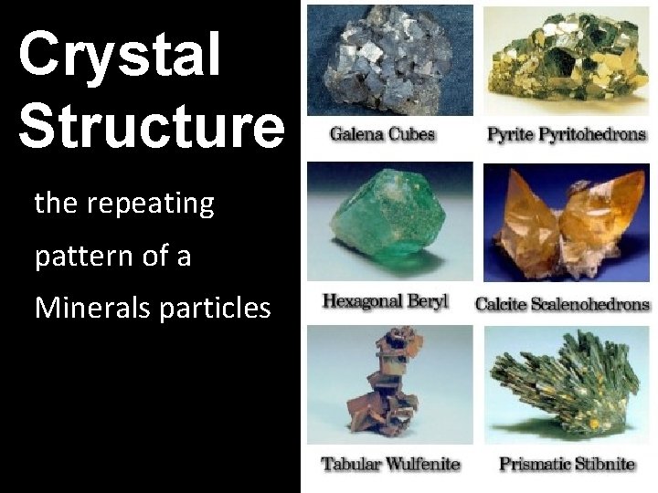 Crystal Structure the repeating pattern of a Minerals particles 