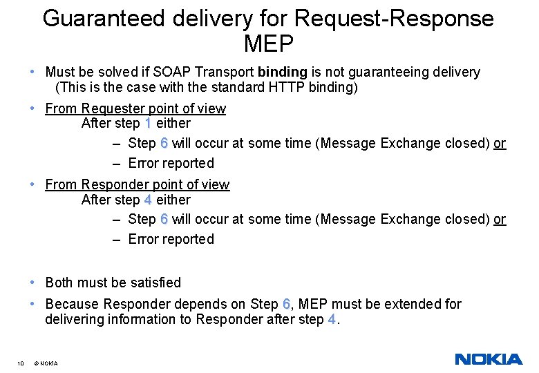 Guaranteed delivery for Request-Response MEP • Must be solved if SOAP Transport binding is