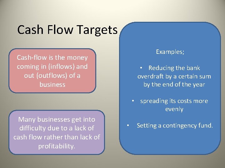 Cash Flow Targets Examples; Cash-flow is the money coming in (inflows) and out (outflows)