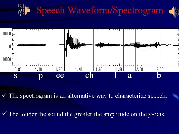 Speech Waveform/Spectrogram s p ee ch l a b Hz ü The spectrogram is