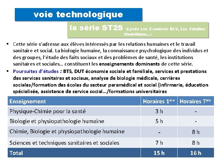 voie technologique la série ST 2 S (Lycée Les 3 sources BLV, Les Catalins