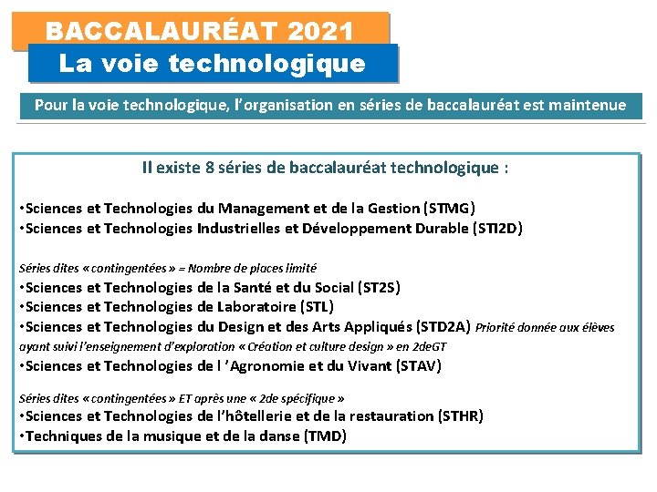 BACCALAURÉAT 2021 La voie technologique Pour la voie technologique, l’organisation en séries de baccalauréat