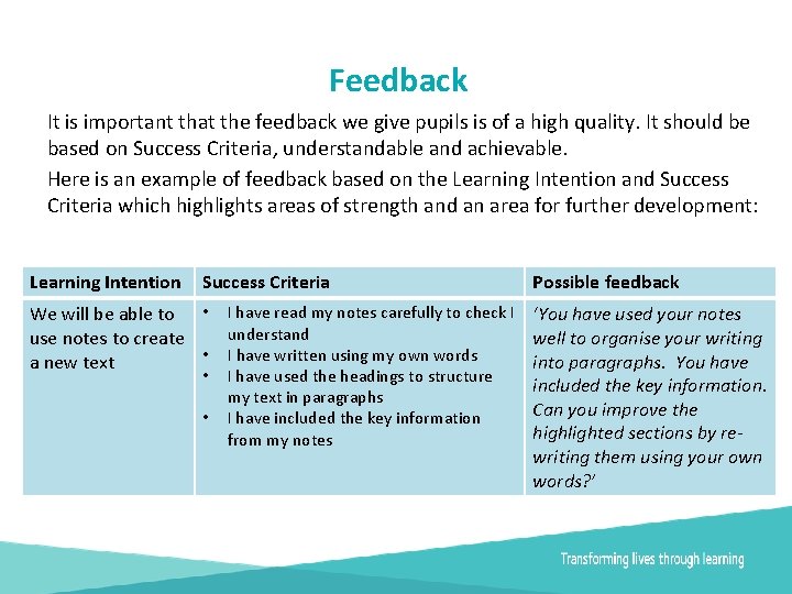 Feedback It is important that the feedback we give pupils is of a high