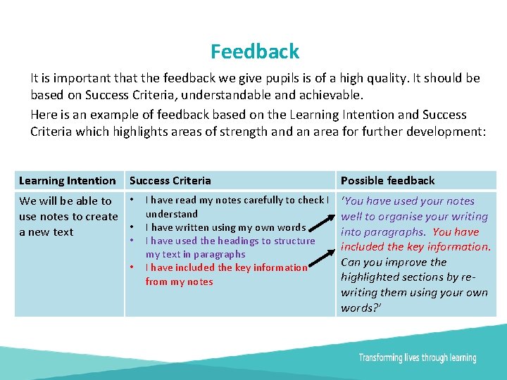 Feedback It is important that the feedback we give pupils is of a high
