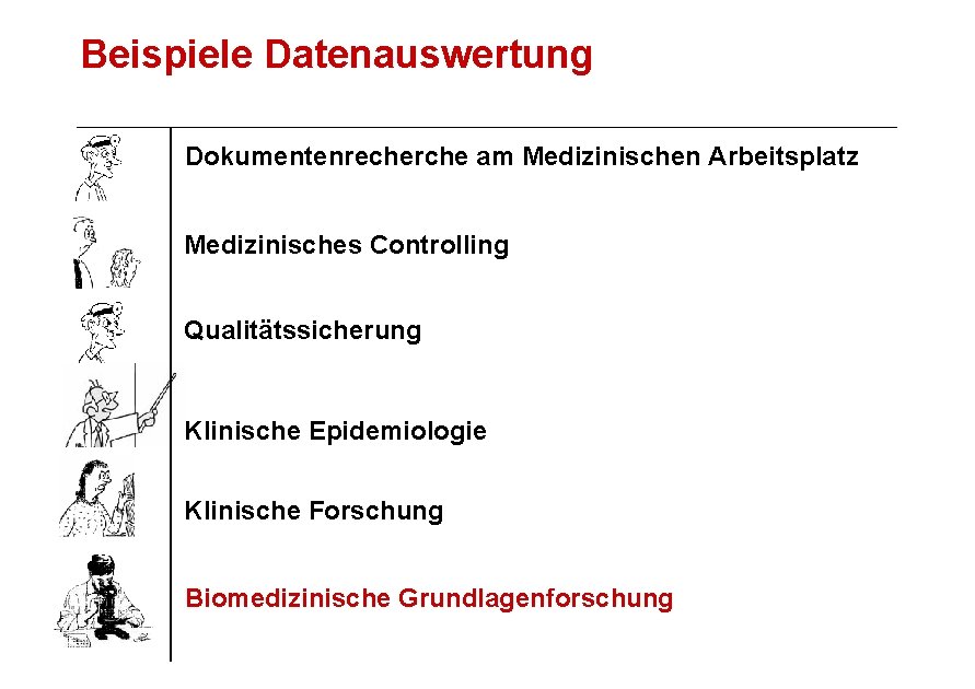 Beispiele Datenauswertung Dokumentenrecherche am Medizinischen Arbeitsplatz Medizinisches Controlling Qualitätssicherung Klinische Epidemiologie Klinische Forschung Biomedizinische