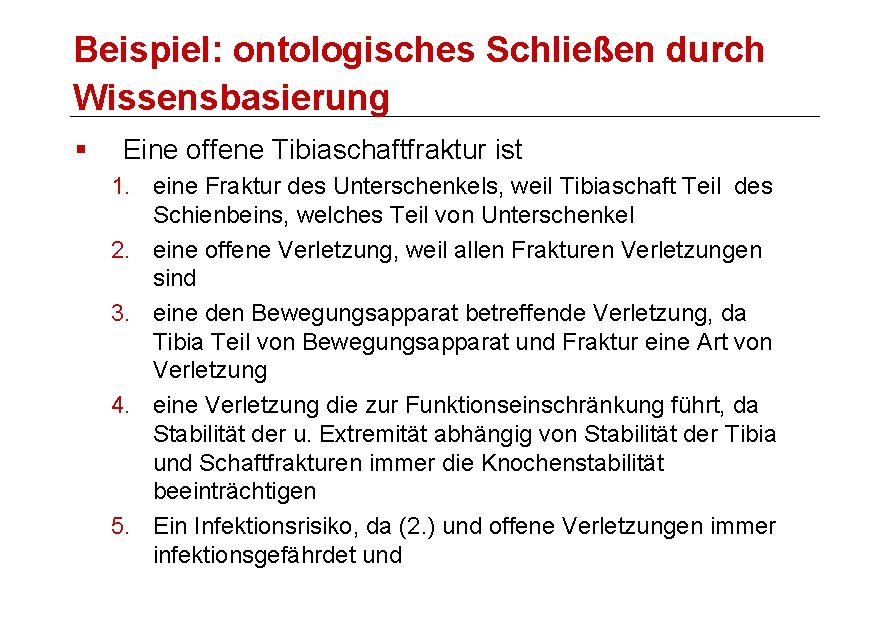 Beispiel: ontologisches Schließen durch Wissensbasierung § Eine offene Tibiaschaftfraktur ist 1. eine Fraktur des