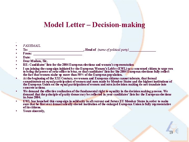 Model Letter – Decision-making • • • FAX/EMAIL To: __________________, Head of (name of