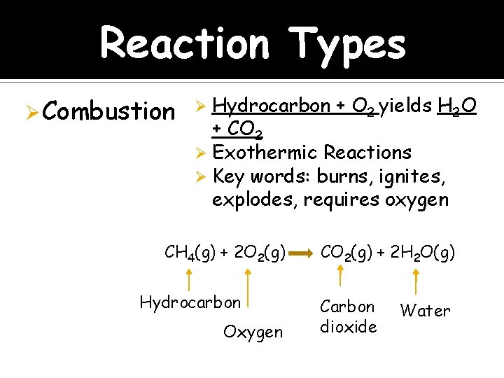 Reaction Types Ø Combustion Hydrocarbon + O 2 yields H 2 O + CO