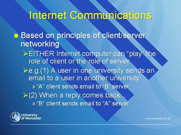 Internet Communications n Based on principles of client/server networking ØEITHER Internet computer can “play”