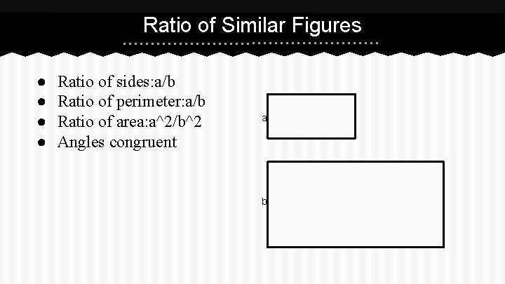 Ratio of Similar Figures ● ● Ratio of sides: a/b Ratio of perimeter: a/b