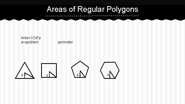 Areas of Regular Polygons Area=1/2 a*p a=apothem a perimeter a a a 