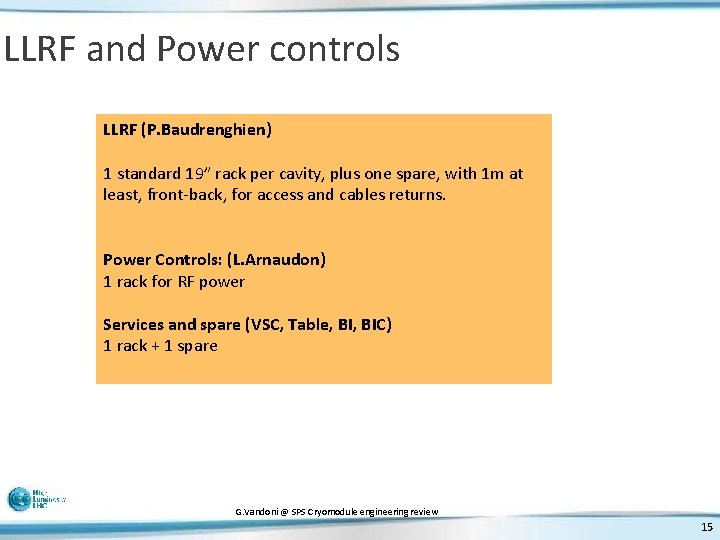 LLRF and Power controls LLRF (P. Baudrenghien) 1 standard 19” rack per cavity, plus