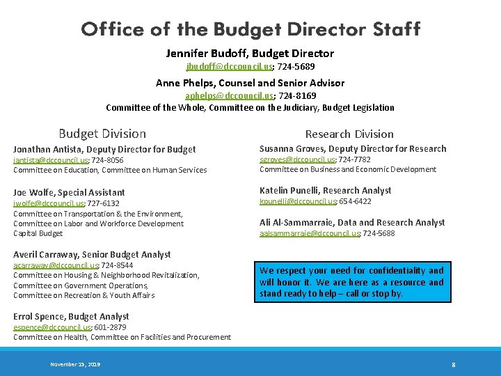Jennifer Budoff, Budget Director jbudoff@dccouncil. us; 724 -5689 Anne Phelps, Counsel and Senior Advisor