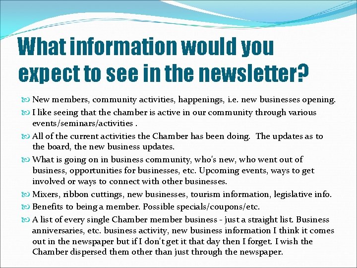 What information would you expect to see in the newsletter? New members, community activities,