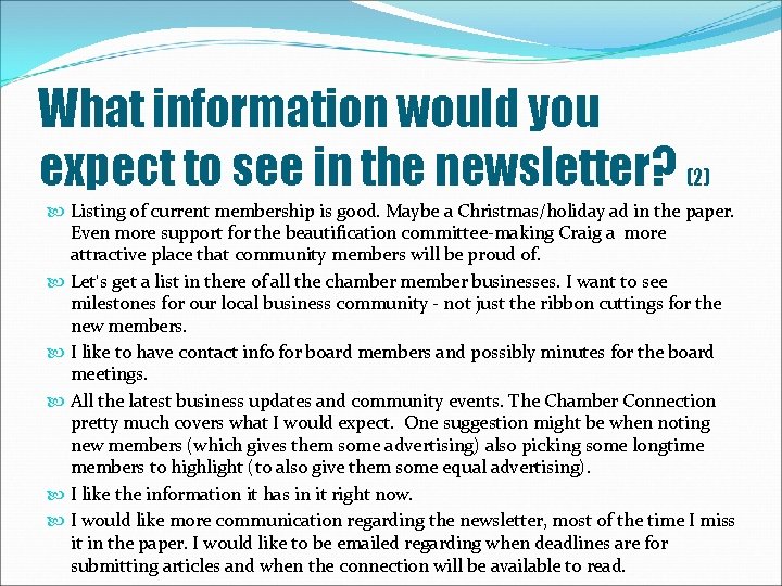 What information would you expect to see in the newsletter? (2) Listing of current