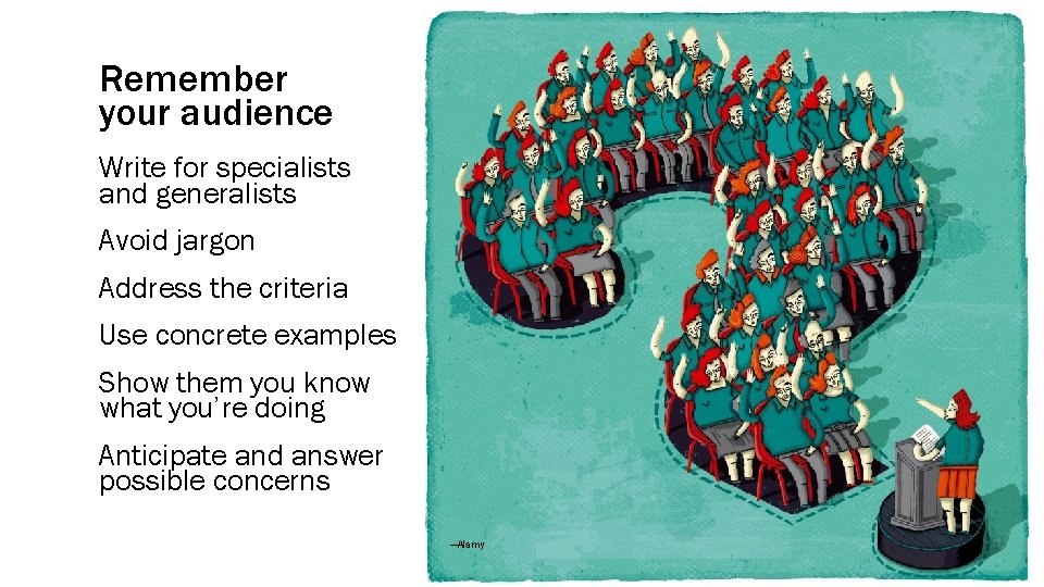 Remember your audience Write for specialists and generalists Avoid jargon Address the criteria Use