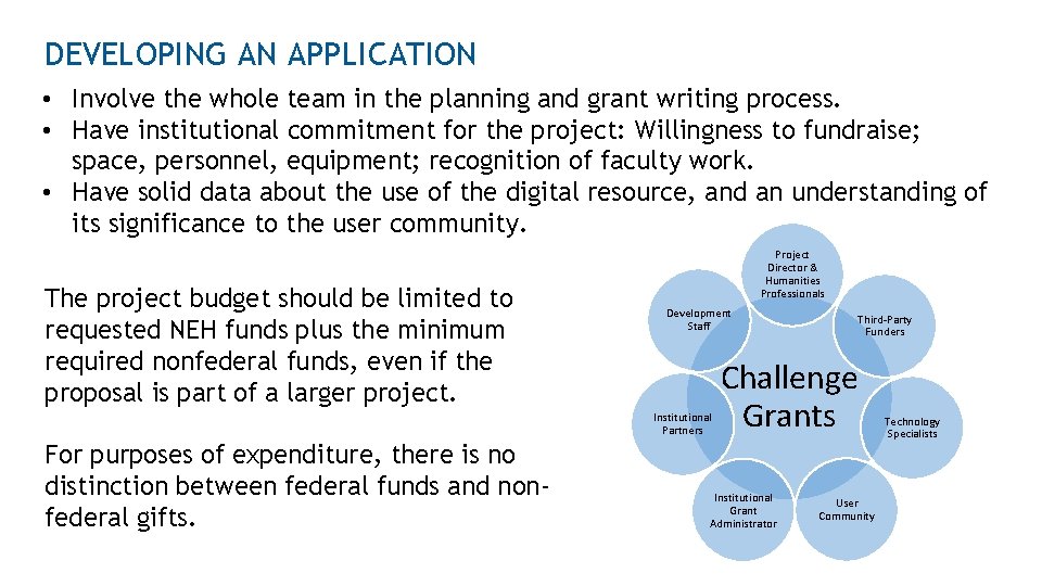 DEVELOPING AN APPLICATION • Involve the whole team in the planning and grant writing
