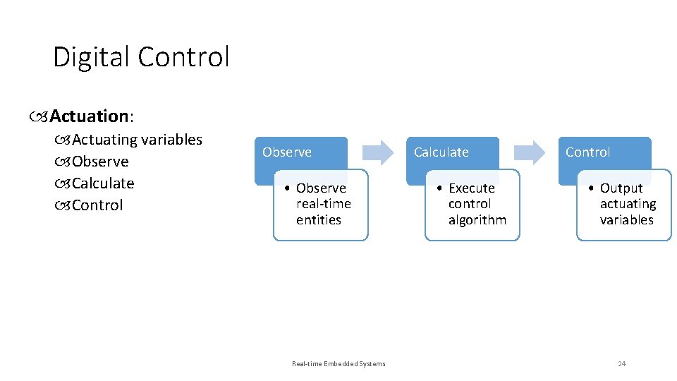 Digital Control Actuation: Actuating variables Observe Calculate Control Observe • Observe real-time entities Real-time