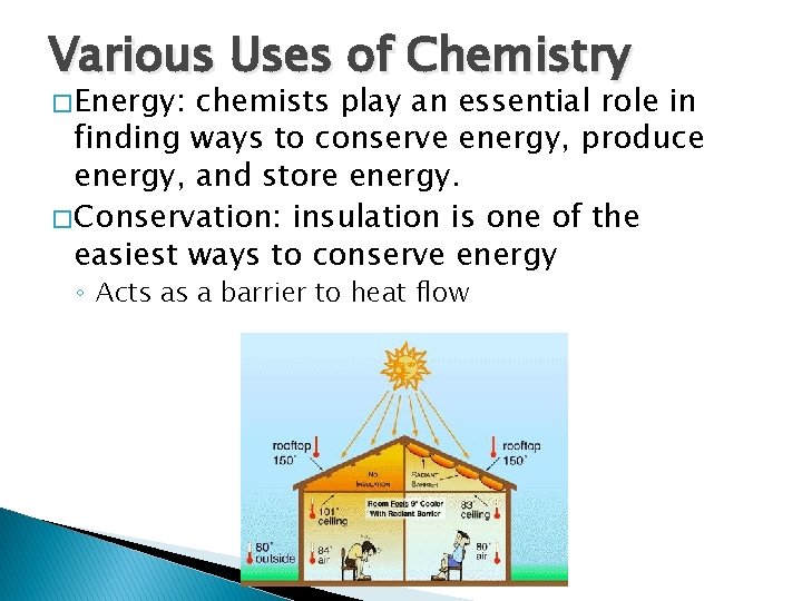 Various Uses of Chemistry � Energy: chemists play an essential role in finding ways