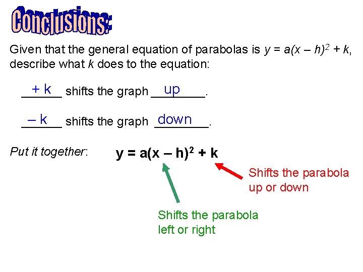 Given that the general equation of parabolas is y = a(x – h)2 +