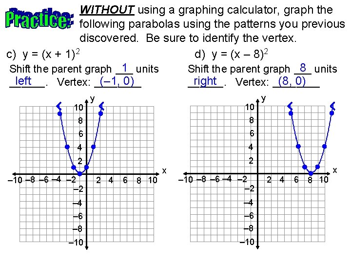 WITHOUT using a graphing calculator, graph the following parabolas using the patterns you previous