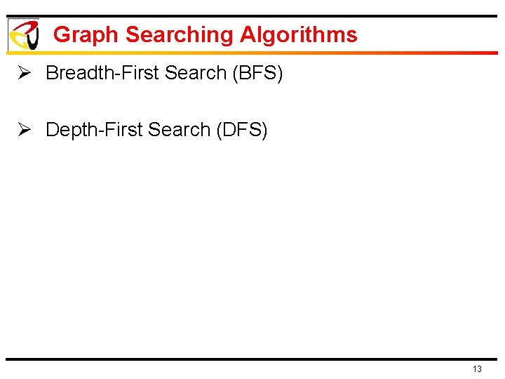 Graph Searching Algorithms Ø Breadth-First Search (BFS) Ø Depth-First Search (DFS) 13 Graph Searching Algorithms Ø Breadth-First Search (BFS) Ø Depth-First Search (DFS) 13